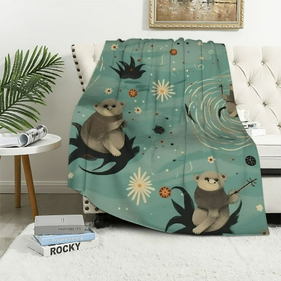 ARISTURING The Laid-Back Sea Otter Family Green Blue Cute Otters Throw Blankets Super Soft Fluffy Comfortable Flannel Cozy Plush Blanket for Couch Bed Travel