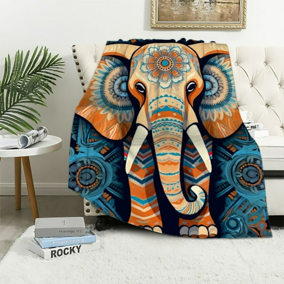 HENGT Thin Indian Elephant with Large Tusks Print Boho Throw Blanket, Geometric Symmetry Vintage Totem Papua New Guinea Art Throw Blanket, Flannel Fabric, Fade Resistant