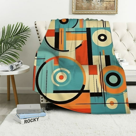 ARISTURING Throw Blanket Retro Orange And Turquoise Geometric Mid Century Lightweight Fuzzy Blanket Retro Mid Century Modern Abstract Pattern Blanket for Couch Sofa Bed Office for Adult Kid Birthday