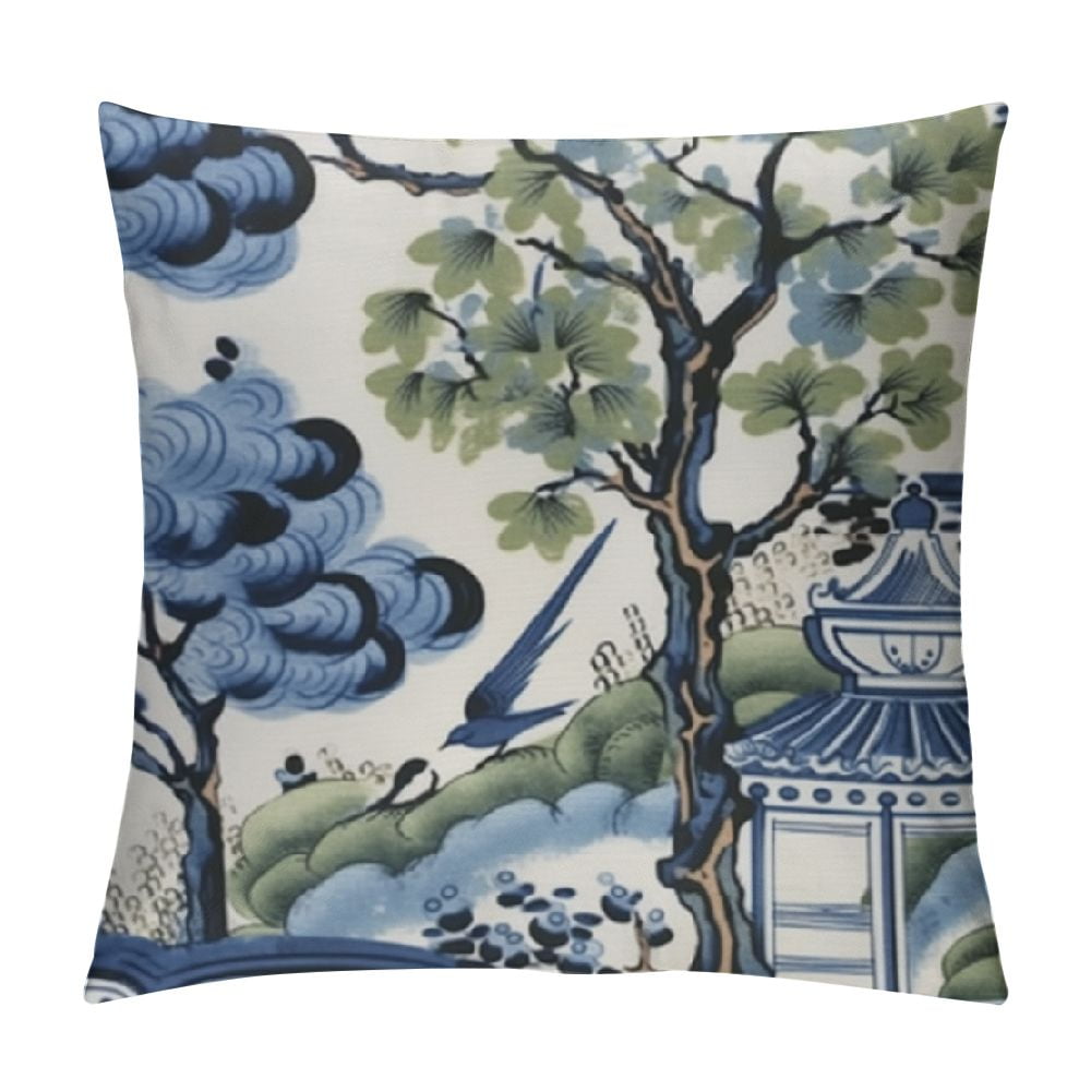 ARISTURING Throw Pillow Covers Thibaut Asian Scenic Chinoiserie Blue