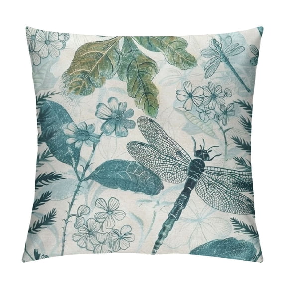 Jiayy Throw Pillow Covers Vintage Blue Dragonfly Flowers Leaves Design Square Pillowcase for Home Decor Sofa Car Bedroom Pillow case