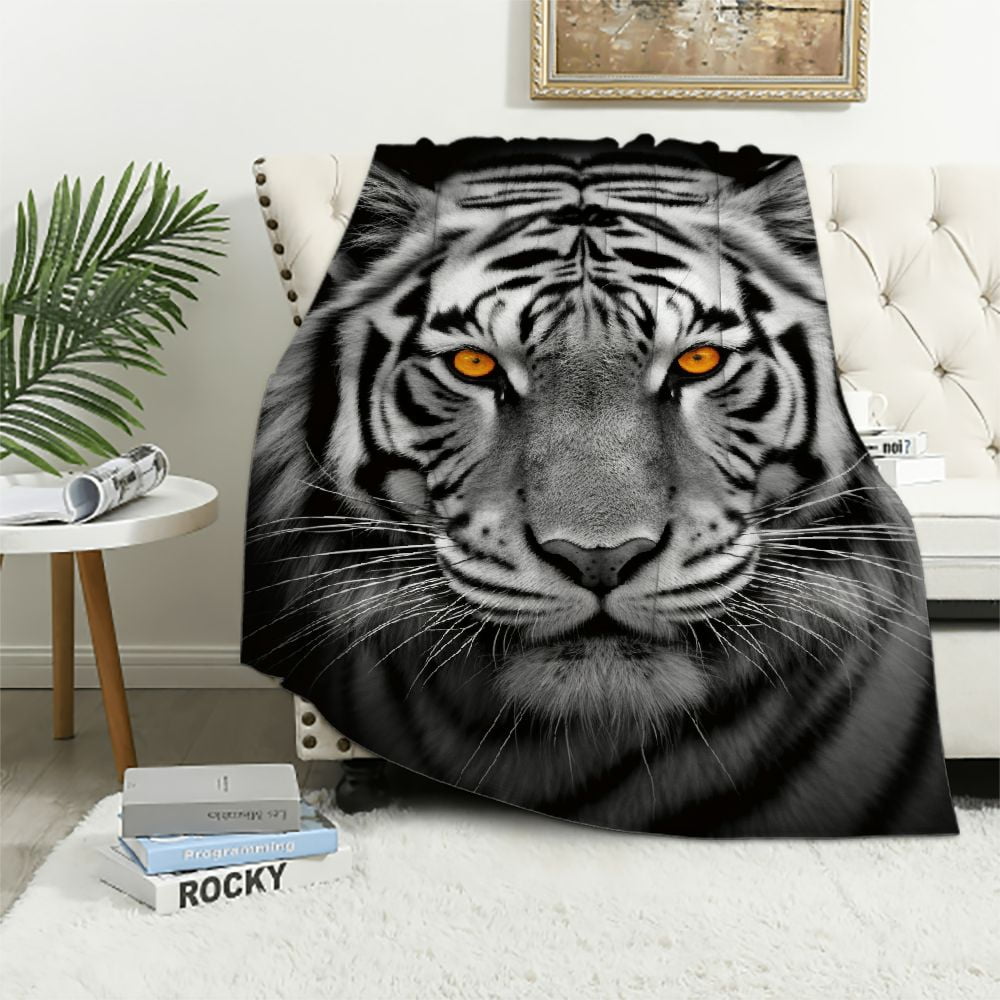 ARISTURING Tiger Blanket White Tiger Face Animal Print on Black Throw