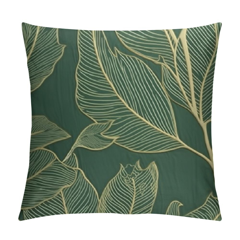 Set Of 2 Green Tropical Leaf Pillow Covers - 16x16 Inch Linen Covers For Sofa, Bed, Outdoor