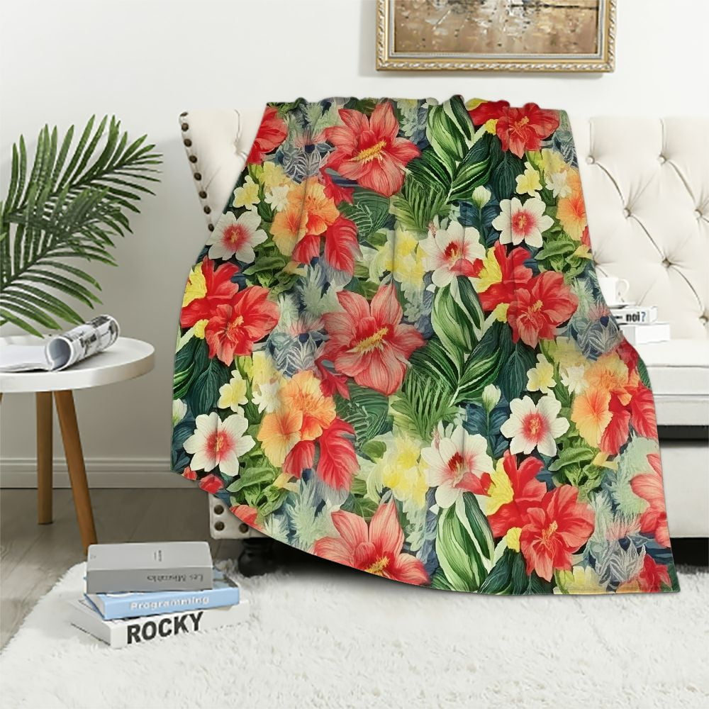 Hawaiian Hibiscus Floral Tropical Flower Palm Leaves Pattern Print Throw Blanket