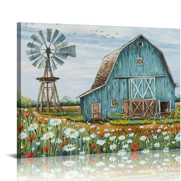 ARISTURING Turquoise Barn Canvas Wall Art: Embellishment Rustic Teal Barn Bathroom Decor Old Barn Painting Framed for Farmhouse Ready to Hang