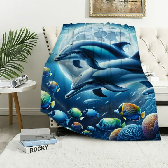 ARISTURING Undersea Life Decorative Blue Sea World Dolphin Flannel Blanket Gifts for All Seasons Super Soft Blanket 60x80in