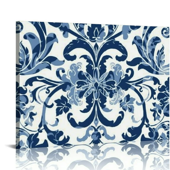 ARISTURING  Vintage Flower Pattern Canvas Print: Navy Blue and White Bohemian Wall Art Abstract Mandala Picture Beautiful Floral Painting Modern Artwork for Bedroom Bathroom Ready to Hang