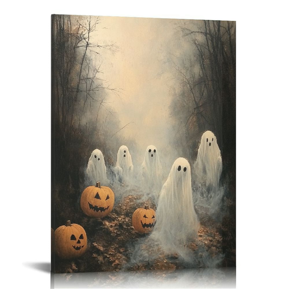 ARISTURING Vintage Halloween Canvas Wall Art, Cute Ghosts In Haunted ...