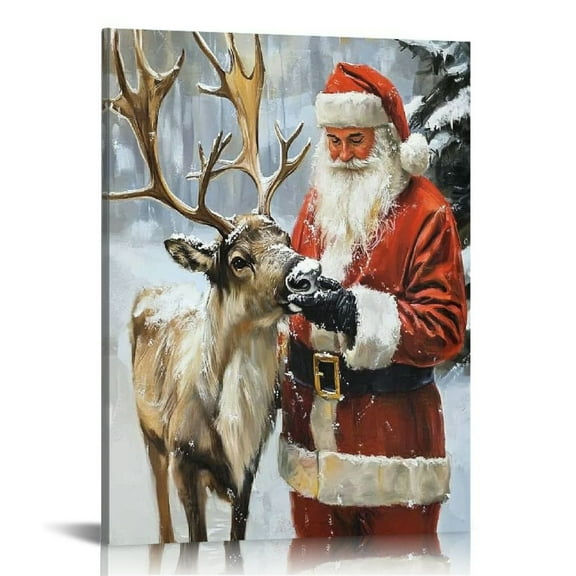 ARISTURING Vintage Santa Claus Canvas Santa with Reindeer Wall Art Christmas Pictures Santa Painting for BDecor 16x20 in