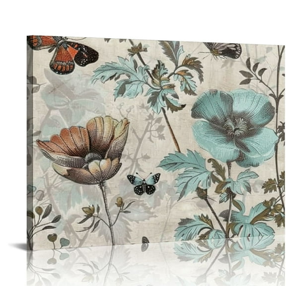 ARISTURING  Vintage Teal Tulip Wall Art for Living Room/Bedroom, Elegant Floral Farmhouse Flowers Rustic Brown Canvas Bathroom Decor Wall Art Kitchen Office