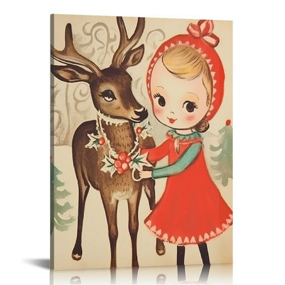 ARISTURING Vintage Wall Art Retro Gifts for Kids Cute Girls Hugging Deer Aesthetic Picture Prints Rustic Christmas Reindeer Room Wall Decor Simple Winter Canvas Posters Decor