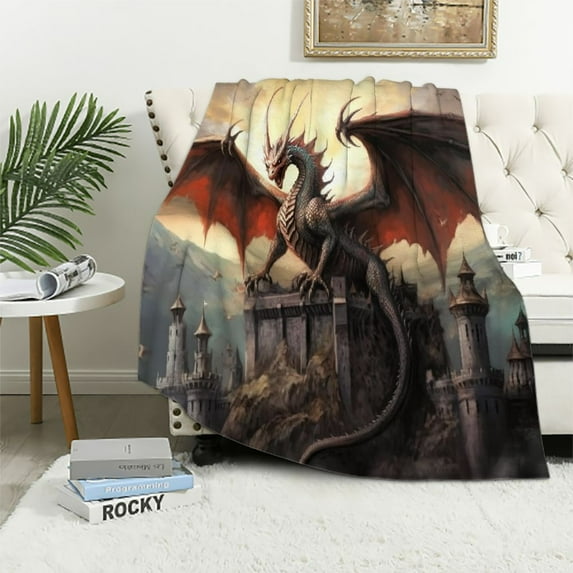 Jiayy War with The Dragon On Castle Soft Throw Blanket for Bed Couch Sofa Lightweight Travelling Camping Throw Cozy for Kids Boys Adults Men All Season