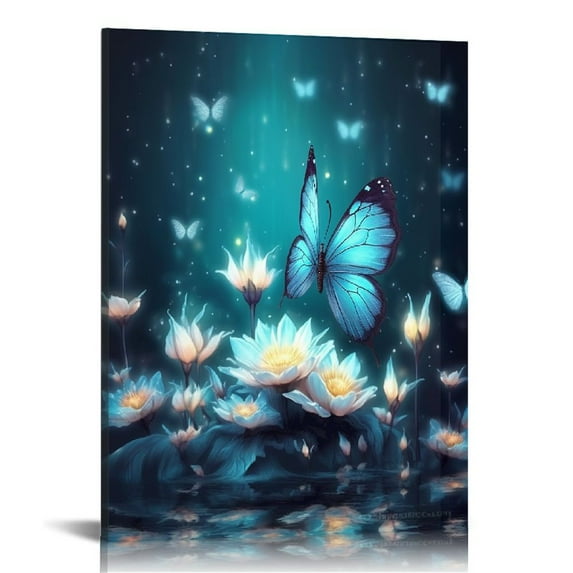 ARISTURING Water Lily Wall Art,Teal Butterflies Surround Water Lilie in Ocean Canvas Abstract Painting Nature Framed Artwork Ready to Hang for Bathroom Bedroom Living Room Dorm Wall Decor,16x20in