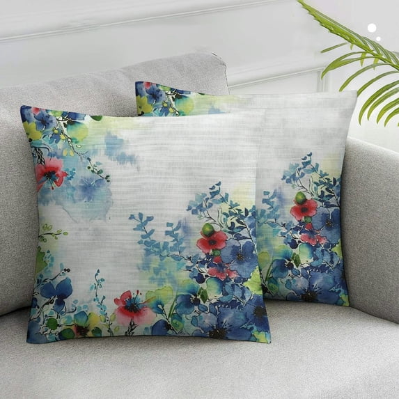 HENGT  Watercolor Flower Throw Pillow Cushion Cover, Motley Floret Motifs with Splash Anemone Iris Revival of Nature Theme, Decorative Square Accent Pillow Case for Couch,  2 pcs