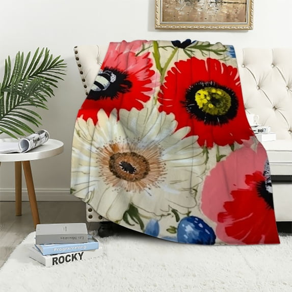 ARISTURING White Red Blue Chrysanthemum Flowers Sherpa Blanket Couch Sofa Chair Bed Colorful Bright Floral Theme Flannel Throw Blue Butterfly Blanket