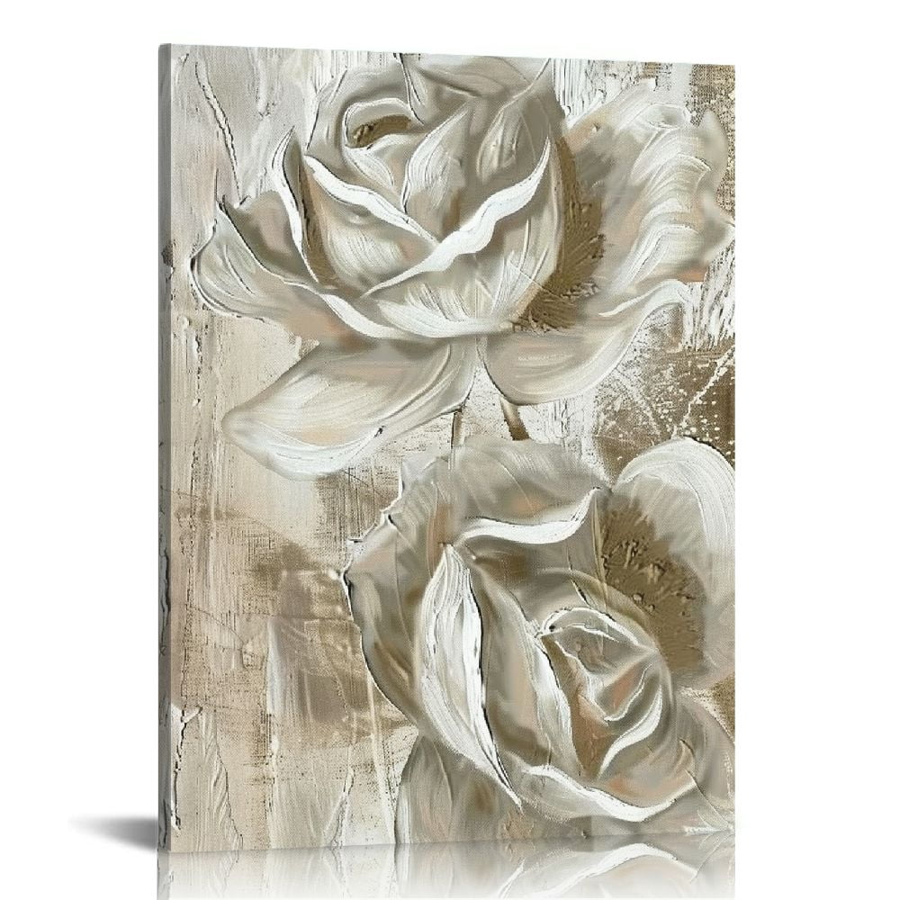 ARISTURING White Rose Canvas Wall Art White Textured Wall Art Flower ...