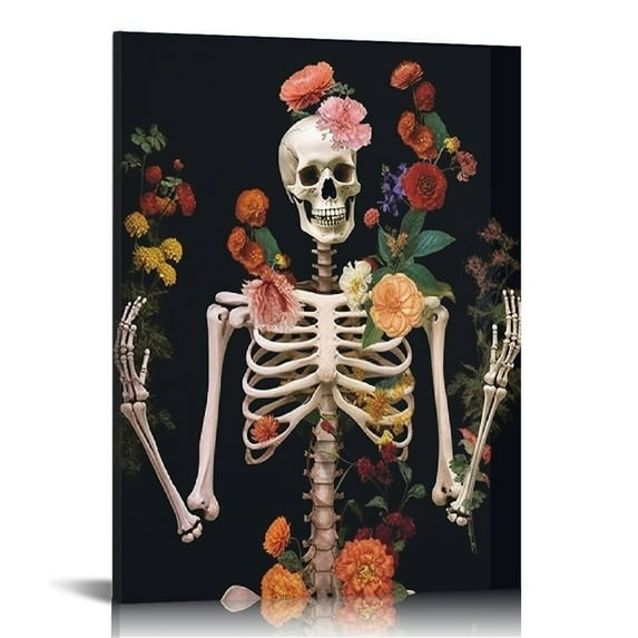 ARISTURING Wild Skeleton Poster Canvas Wall Art Decor, Anatomy Art with Flowers, Nurse Wall Art, Medical Office Wall Art, Medical School Decor, Home Decor, Canvas Poster with Frame, Ready to Hang
