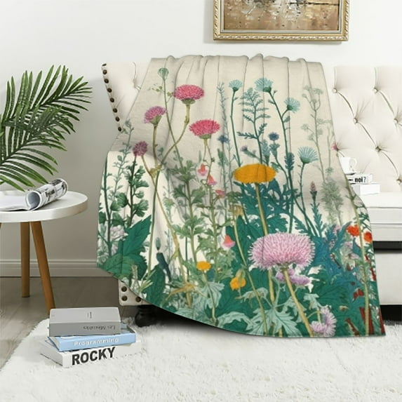 ARISTURING Wildflower Botanical Floral Throw Blanket Vintage Soft Fuzzy Lightweight Colorful Flowers Print Herbs Sage Green Leaves Blankets Gifts for Adult 50x60in Couch Sofa Room Bed Decor