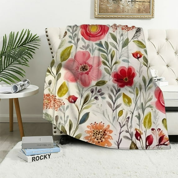 Jiayy Wildflowers Floral Throw Blanket Botanical Floral Printed Blanket Super Soft Flannel Throw Blanket Lightweight Fluffy Plush Fuzzy Bed Blanket for Bedding Sofa and Travel