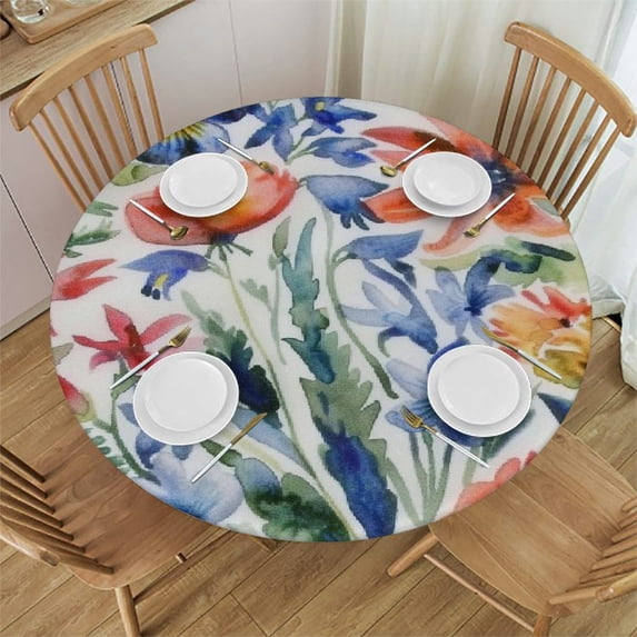 ARISTURING Wildflowers Tablecloth Round Free Watercolor Flowers Poppy Cornflower and Chamomile Tablecloth Suitable for Kitchen Decorantion/Indoor and Outdoor Dining Table/Party/Picnic White