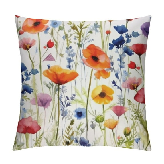 Jiayy  Wildflowers Throw Pillow Covers Watercolor Poppy Cornflower Chamomile Square Pillow Cases for Decorative Cushion Bed Couch Sofa White