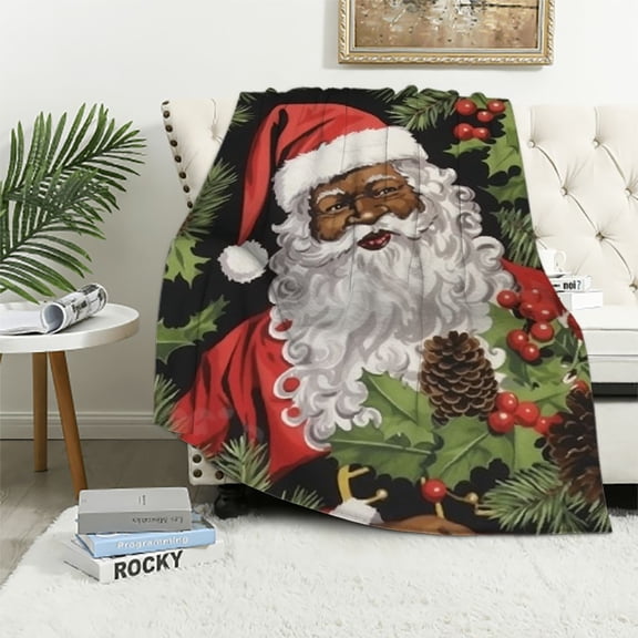 ARISTURING Xmas Holly Black Santa Claus Throw Blanket Flannel Bed Blanket Cozy Plush Blanket for Bedroom Living Rooms Sofa Couch