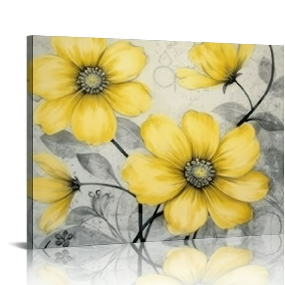 ARISTURING  Yellow Gray Wall Art Canvas Flowers Birds Wall Decor for Living Room Bathroom Abstract Modern Floral Large Posters Print Artwork Framed Hang Pictures for Home Decorations