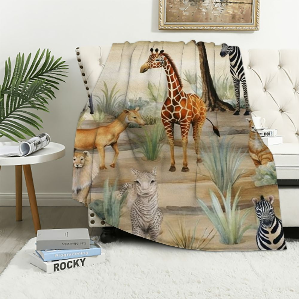 HENGT Zoo Animals Blanket African Safari Animals Elephant Tiger Giraffe