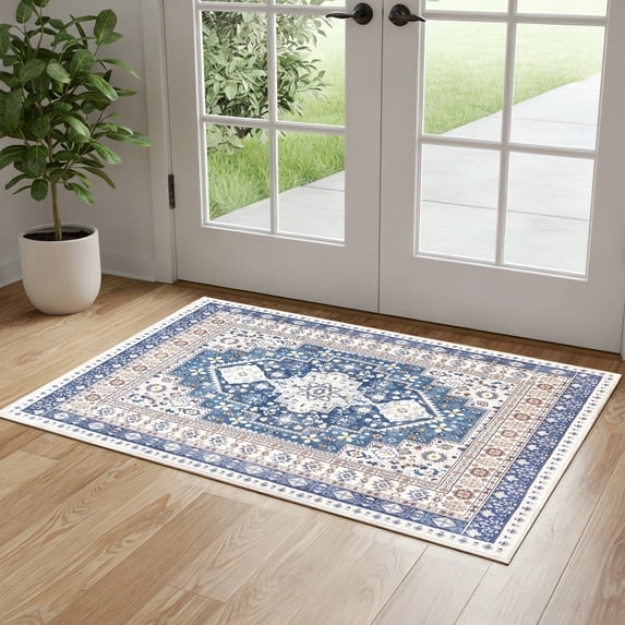 ARJINCUTE Vintage Distressed Bohemian Blue Area Rug 3 ft x 5 ft polyester low pile washable non-slip