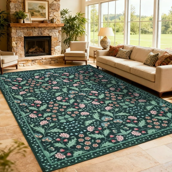 ARJINCUTE Spring Blooms Vintage Black Area Rugs 6' x 9', Soft Touch, Non Slip, Low Pile, Machine Washable, Foldable