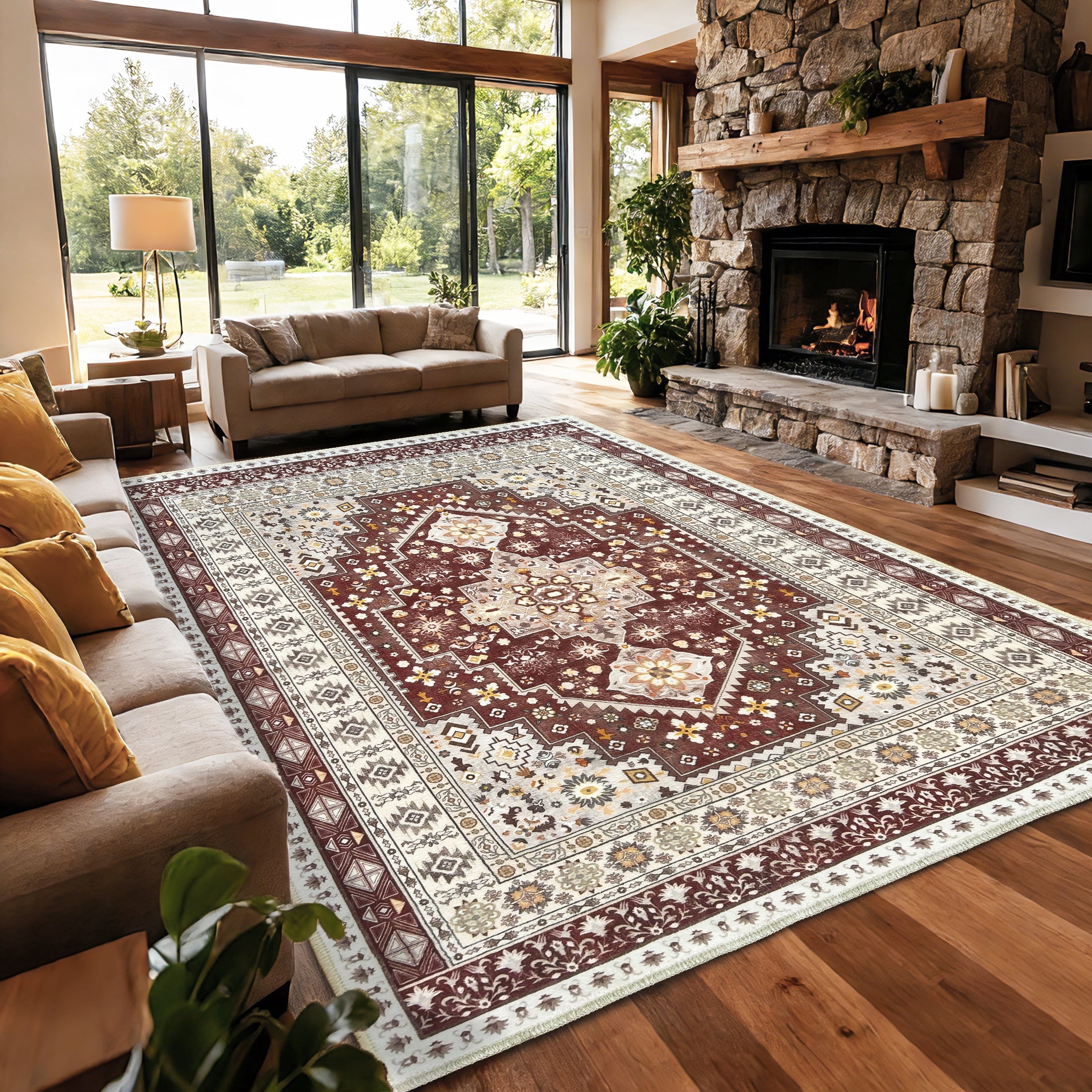 ARJINCUTE Vintage Distressed Bohemian Brown Area Rug 6' x 9' Non-Slip Washable Low Pile Floor Mat for Living Room Dining Room Bedroom