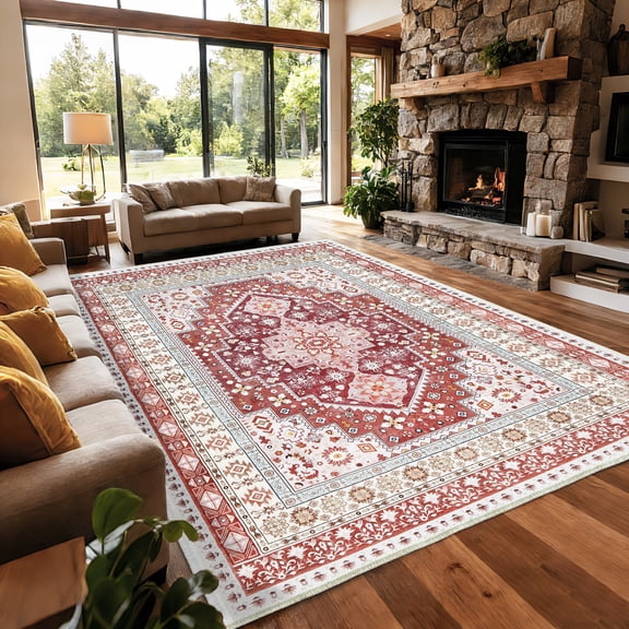 ARJINCUTE Vintage Distressed Bohemian Red Area Rug 6' x 9' Non-Slip Washable Low Pile Floor Mat for Living Room Dining Room Bedroom