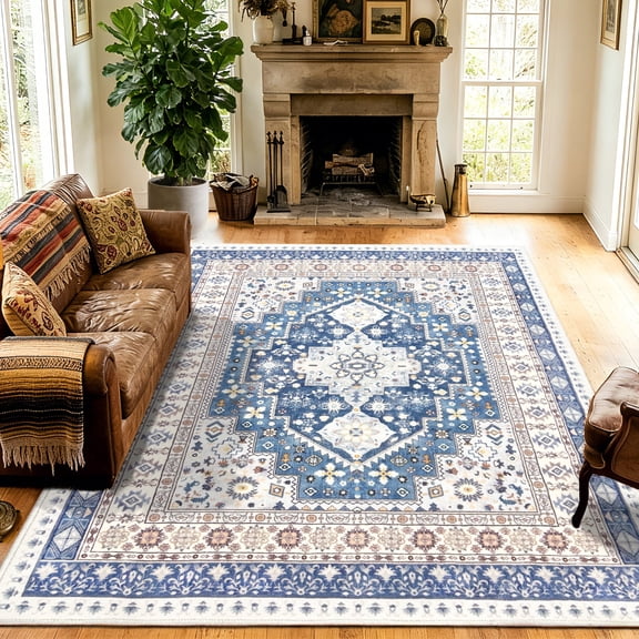 ARJINCUTE Vintage Distressed Bohemian Blue Large Area Rug 8' x 10' Non-Slip Washable Low Pile Floor Mat for Living Room, Family Room, Large Bedroom