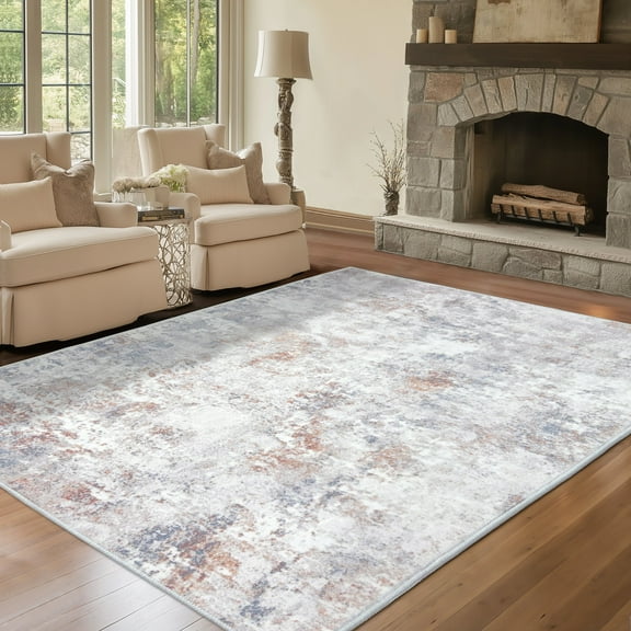 ARJINCUTE Distressed Abstract Beige Orange Area Rugs 9'x12', Low Pile Machine Washable Non-Slip
