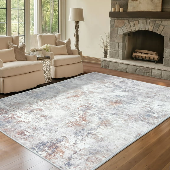 ARJINCUTE Distressed Abstract Beige Orange Area Rugs 9'x12', Low Pile Machine Washable Non-Slip