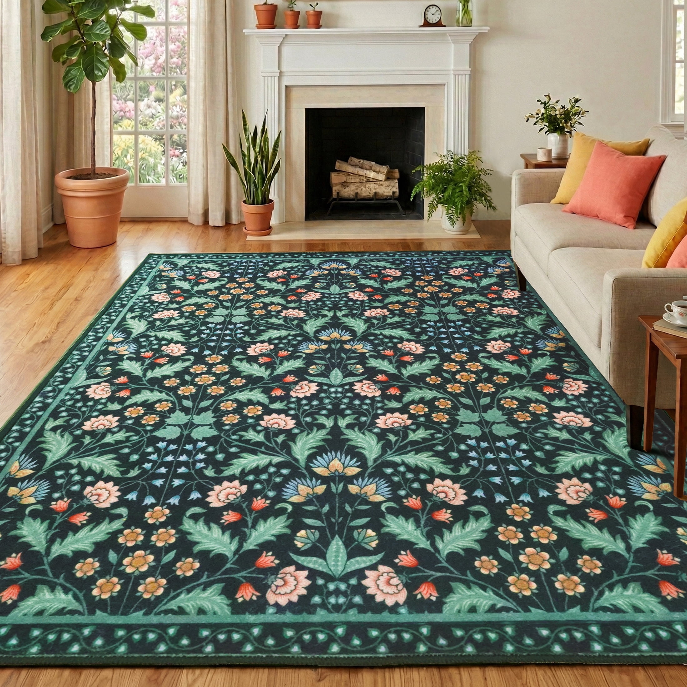 ARJINCUTE 9' x 12' Floral Area Rugs for Living Room, Washable Low Pile Non-Slip Vintage Large Floor Carpet for Bedroom Dinning Room, Black  Base