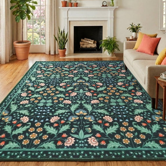 ARJINCUTE 9' x 12' Floral Area Rugs for Living Room, Washable Low Pile Non-Slip Vintage Large Floor Carpet for Bedroom Dinning Room, Black Base