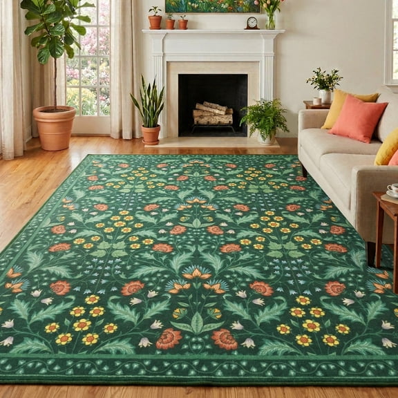 ARJINCUTE Spring Blooms Vintage Green Area Rugs 9'x12', Non Slip, Low Pile, Soft Touch, Machine Washable, Foldable
