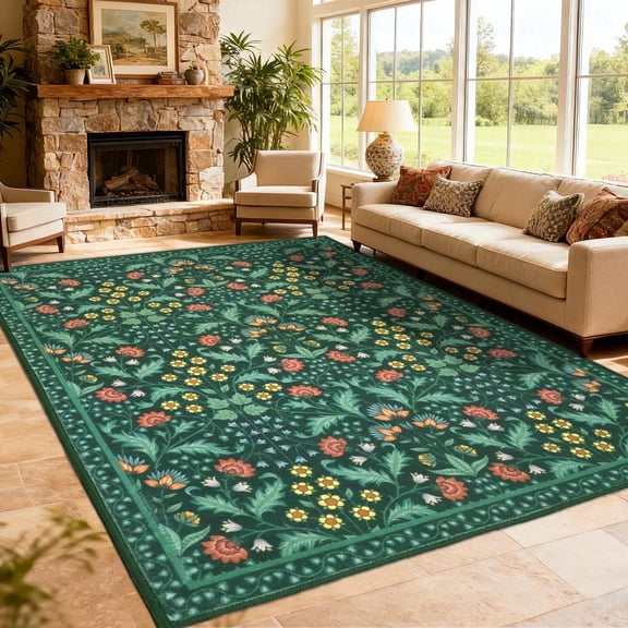 ARJINCUTE Spring Blooms Vintage Green Area Rugs 9'x12', Non Slip, Low Pile, Soft Touch, Machine Washable, Foldable
