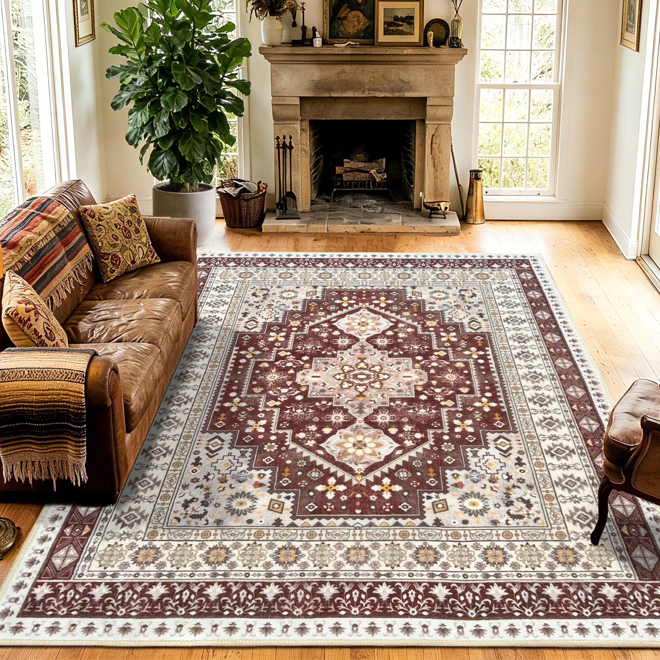 Square Pattern Extra Large Area Rug ARJINCUTE Vintage Distressed Bohemian Brown Extra Large Area Rug 9' x ...