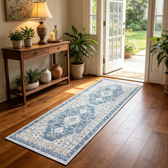 ARJINCUTE Boho Vintage Distressed Runner Rug Blue 2'x6', Soft Machine Washable Foldable Non-Slip Carpet for Hallway Entryway Kitchen Laundry Room