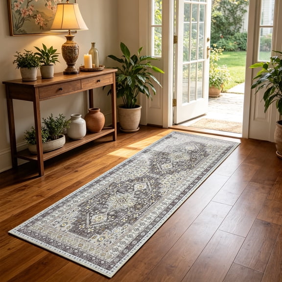 ARJINCUTE Boho Vintage Distressed Runner Rug Brown 2'x6', Soft Machine Washable Foldable Non-Slip Carpet for Hallway Entryway Kitchen Laundry Room