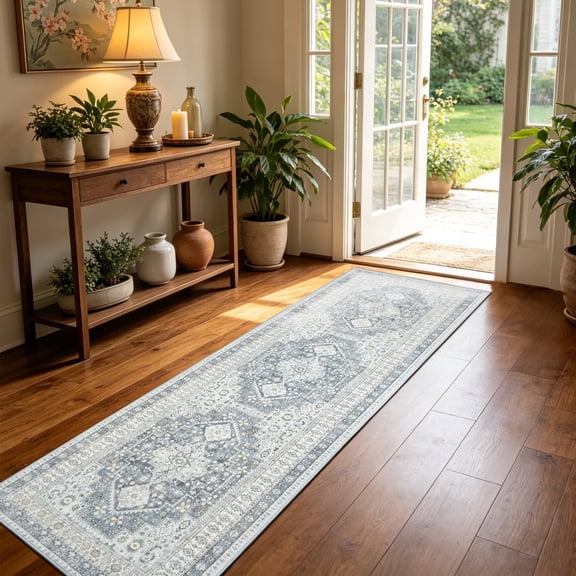 ARJINCUTE Boho Vintage Distressed Runner Rug Gray 2'x8', Soft Machine Washable Foldable Non-Slip Carpet for Hallway Kitchen Entryway Bedroom Laundry