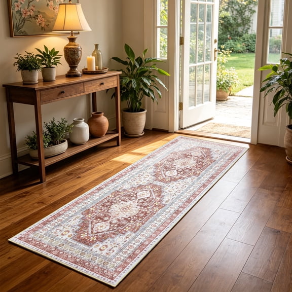 ARJINCUTE Boho Vintage Distressed Runner Rug Red 2'x6', Soft Machine Washable Foldable Non-Slip Carpet for Hallway Entryway Kitchen Laundry Room