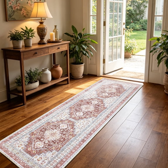 ARJINCUTE Boho Vintage Distressed Runner Rug Red 2'x8', Soft Machine Washable Foldable Non-Slip Carpet for Hallway Kitchen Entryway Bedroom Laundry