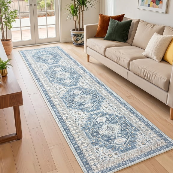 ARJINCUTE Boho Vintage Distressed Wide Runner Rug Blue 3'x10', Soft Machine Washable Foldable Non-Slip Carpet for Hallway Entryway Kitchen Living Room Bedroom