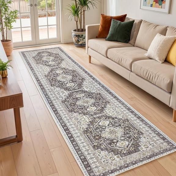 ARJINCUTE Boho Vintage Distressed Wide Runner Rug Brown 3'x10', Soft Machine Washable Foldable Non-Slip Carpet for Hallway Entryway Kitchen Living Room Bedroom