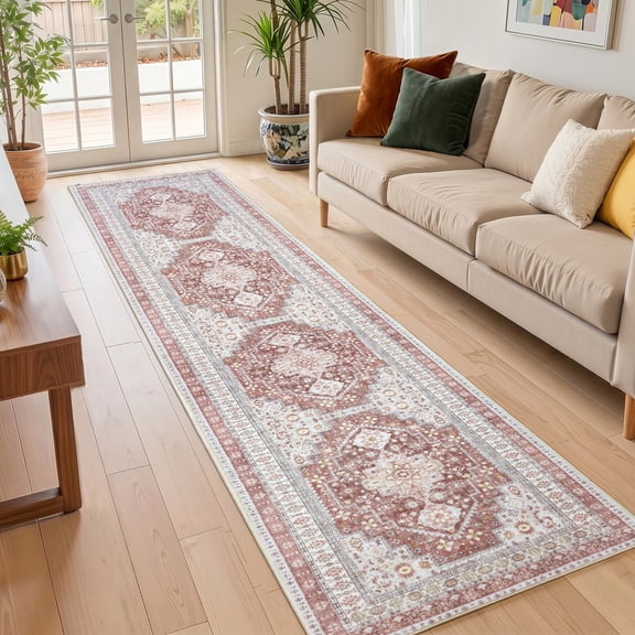 ARJINCUTE Boho Vintage Distressed Wide Runner Rug Red 3'x10', Soft Machine Washable Foldable Non-Slip Carpet for Hallway Entryway Kitchen Living Room Bedroom