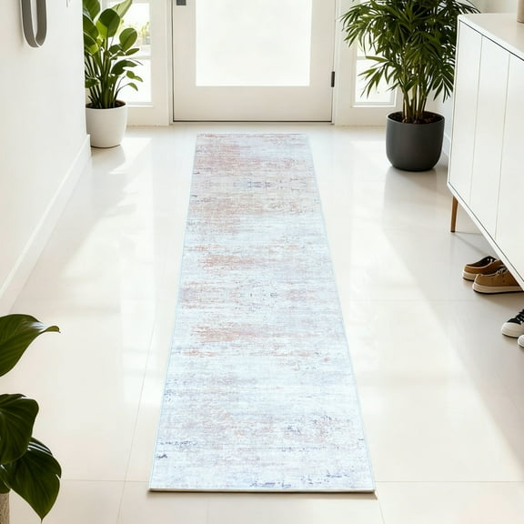 ARJINCUTE Distressed Abstract Beige Blue Runner Rugs 2'x8', Non- Slip Machine Washable, Low Pile Soft Touch