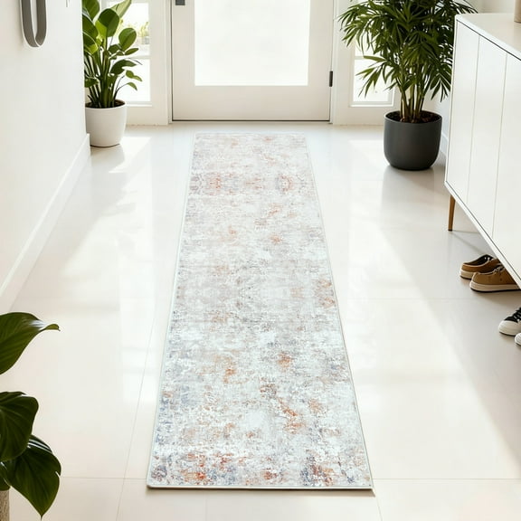 ARJINCUTE Distressed Abstract Beige Orange Runner Rugs 2'x8', Non- Slip Machine Washable, Low Pile Soft Touch